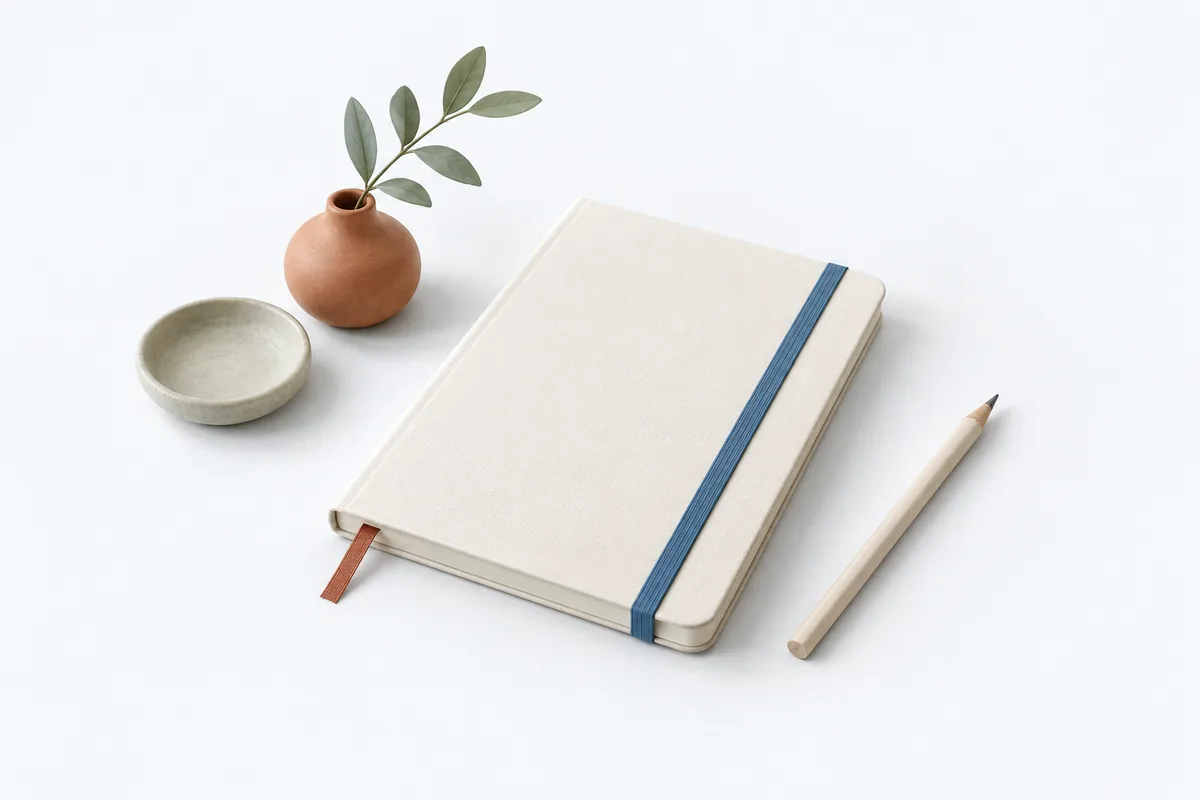 Closed notebook and pencil beside a small plant