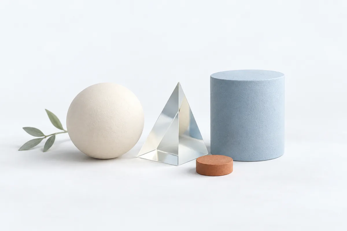 Sphere, glass prism, and blue cylinder arranged side by side